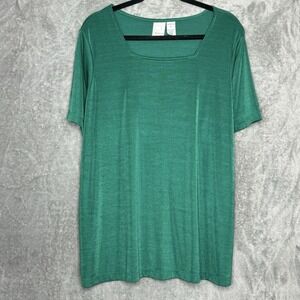 Roamans 1X Shirt Top Green Solid Short Sleeve Square Neck Stretch Travel Knit